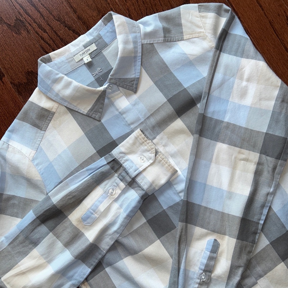 Tyler Boe Blue Grey Herringbone Plaid Cotton Button Down Shirt Small